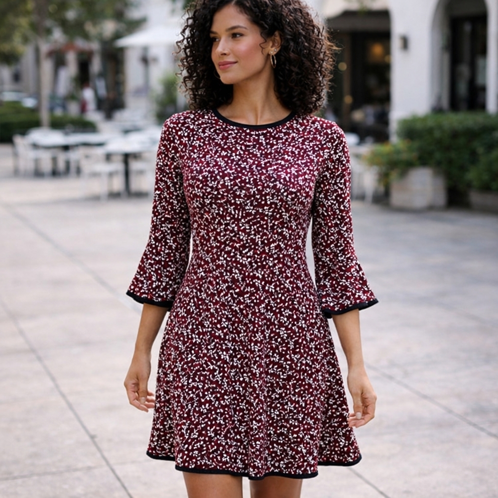 Michael Kors Burgundy and White Bell Sleeve Dress | Size Petite Small